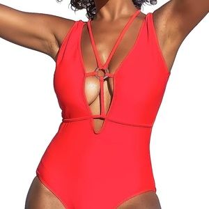 Tag on Red Plunge Lace Up One Piece Swimsuit O Ring Bathing Suits Swimwear